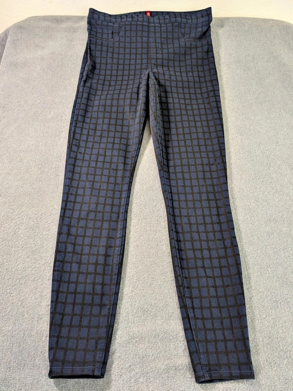 SPANX Blue Black Windowpane Grid Check Jeanish Leggings Trousers Size L